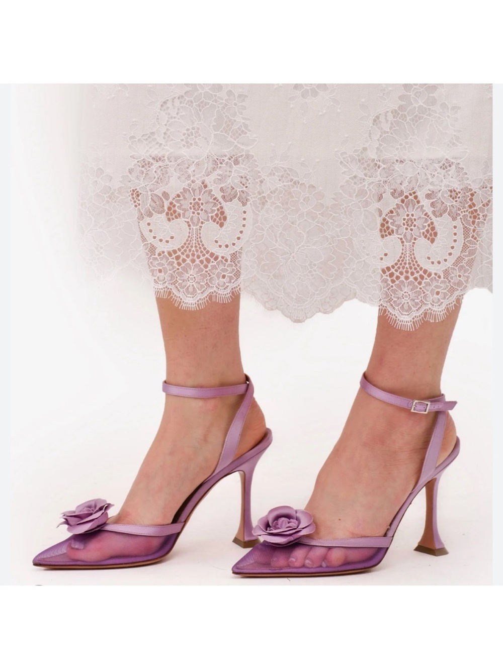 Lilac Satin Pointed-Toe Ankle-Strap Heels with Floral Detail